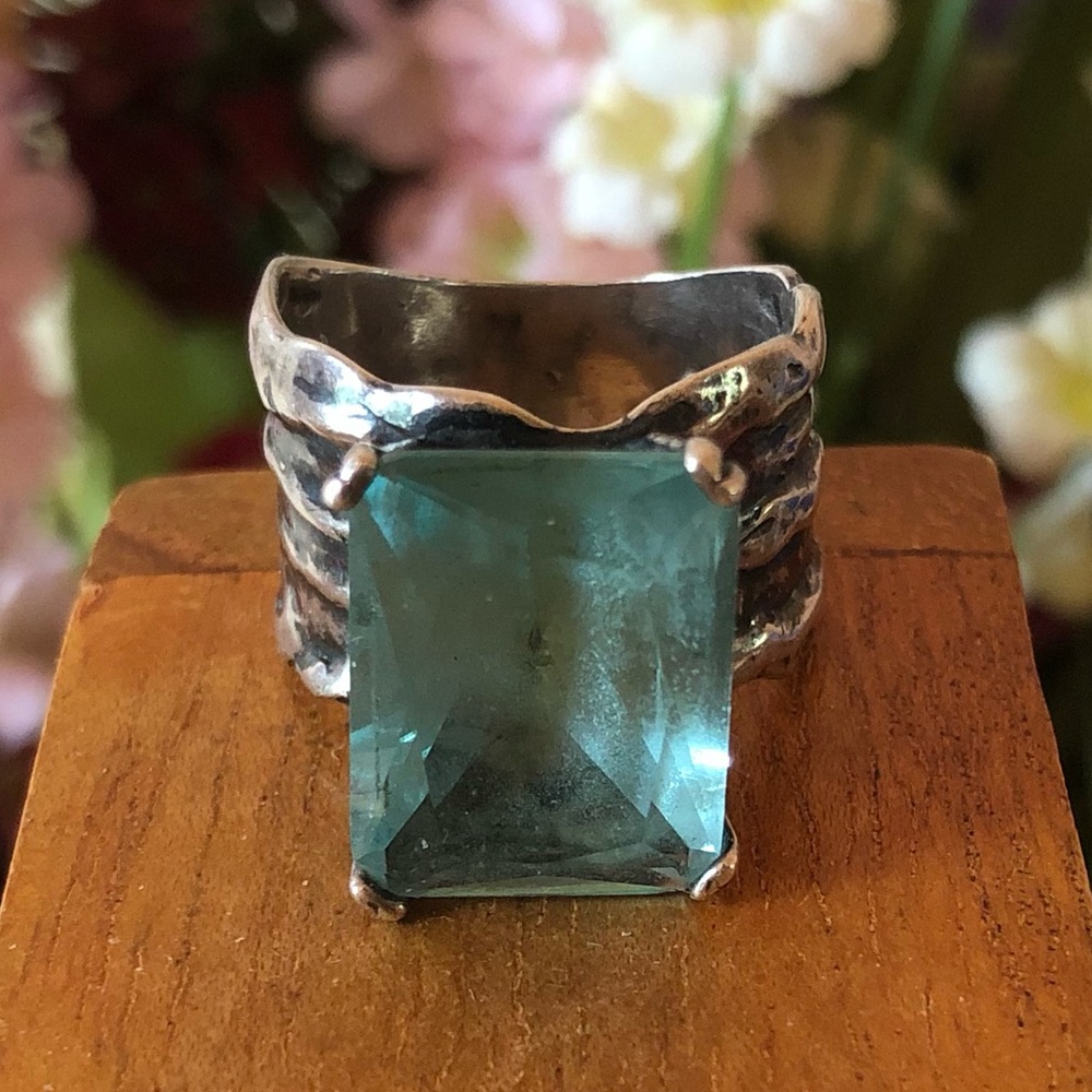 Vintage Silpada Sterling Silver Aqua Glass Statement Ring Size 8 - Picture 11 of 14